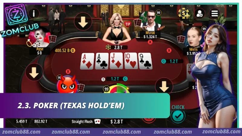 Hình ảnh Game Bai Doi Thuong Zomclub 2 trong bài viết Game Bài Đổi Thưởng Zomclub - Cách Chọn Trò Phù Hợp 2026. Bàn Poker Texas Hold’em với năm lá bài chung và các vị trí người chơi