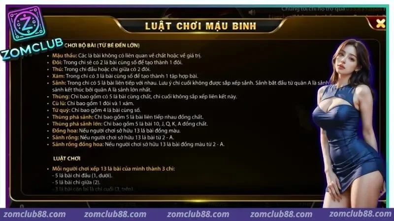 Hình ảnh Mau Binh Zomclub 3 1 trong bài viết Mậu Binh Zomclub: Cách xếp bài và mẹo thắng từ cao thủ. Bảng thứ hạng bộ bài và quy tắc chia 13 lá thành ba chi Mậu Binh ZomClub