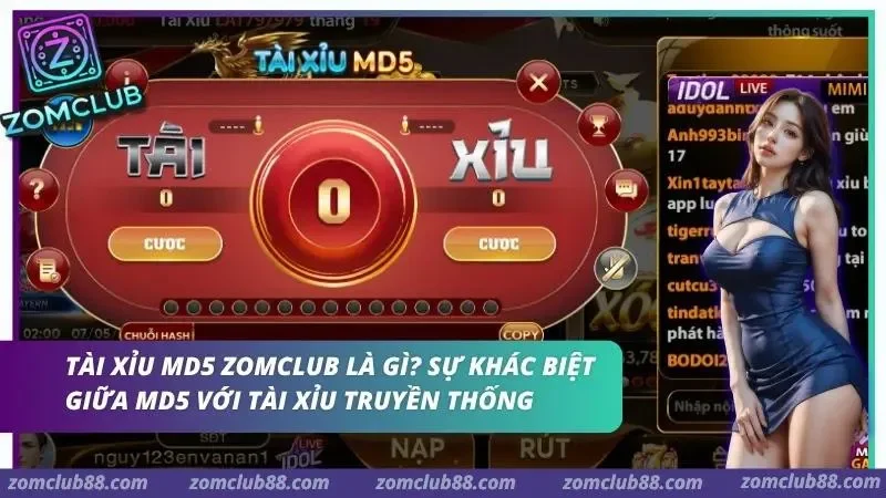 Hình ảnh Tai Xiu Md5 Zomclub 1 1 trong bài viết Tài Xỉu MD5 ZOMCLUB: Giải Mã Thuật Toán Và Bí Kíp Soi Cầu. Giao diện Tài Xỉu MD5 với hai cửa Tài, Xỉu và mục chuỗi Hash
