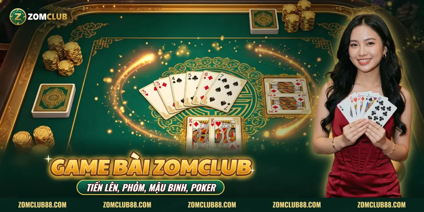 Ảnh minh họa Game Bài ZOMCLUB: bàn Tiến Lên và người mẫu cầm quạt bài