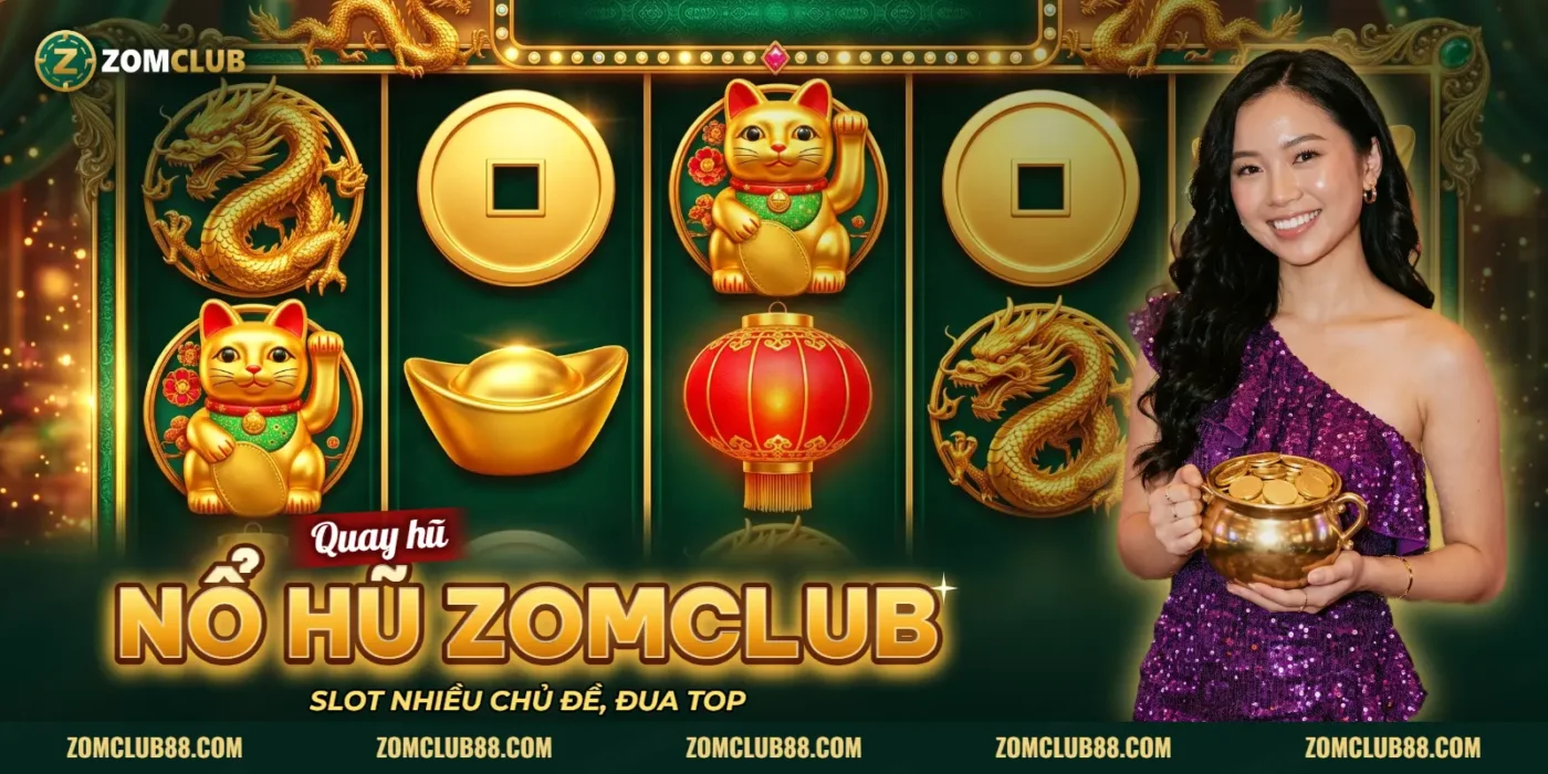 Ảnh minh họa Nổ Hũ ZOMCLUB: máy slot biểu tượng may mắn và người mẫu ôm hũ xu vàng