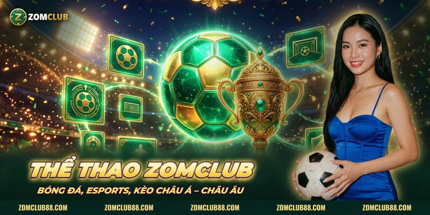Ảnh minh họa Thể Thao ZOMCLUB: sân bóng, cúp vàng và người mẫu cầm bóng