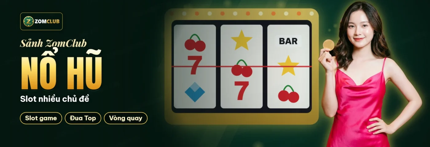Minh họa khu Nổ Hũ ZomClub với máy slot biểu tượng may mắn và hũ xu vàng Minh họa khu Nổ Hũ ZomClub với máy slot biểu tượng may mắn và hũ xu vàng